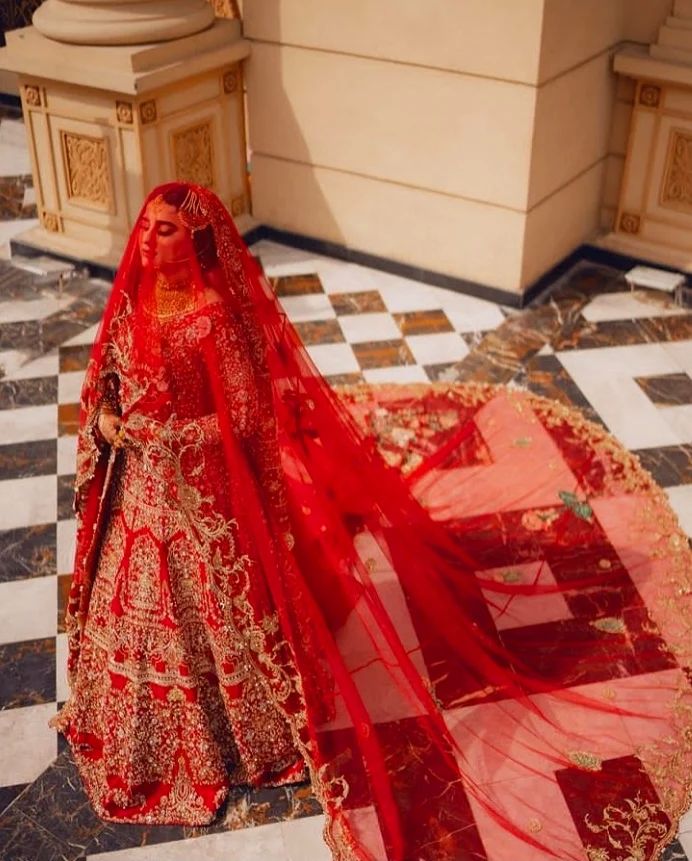 Red Velvet Bridal Gown with Golden Embroidery- DN-1990