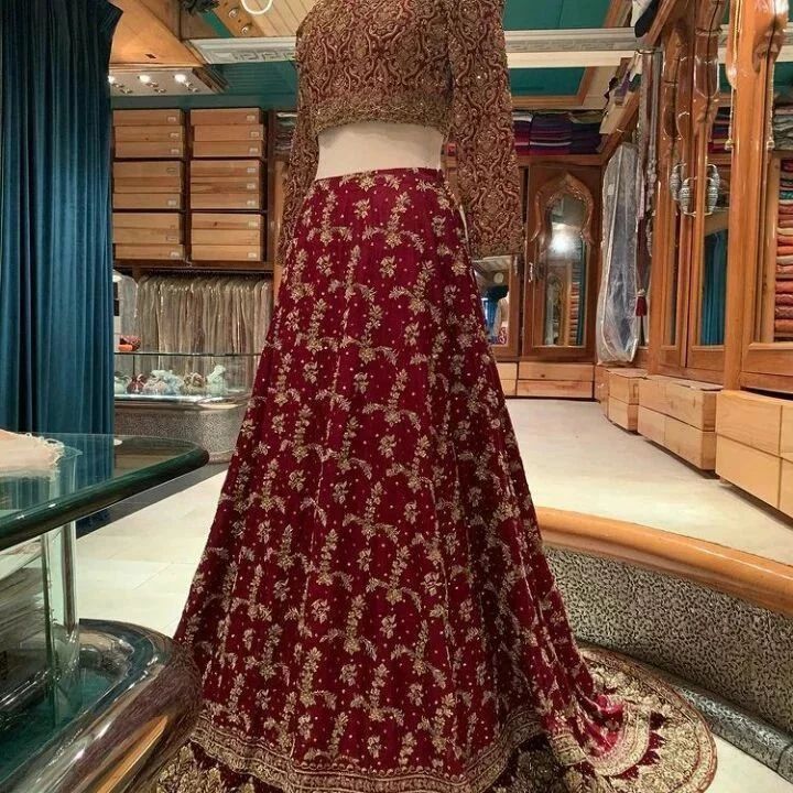 Wedding Red and Golden Bridal Lehenga with Crop Top and Embellishment - DN-2006