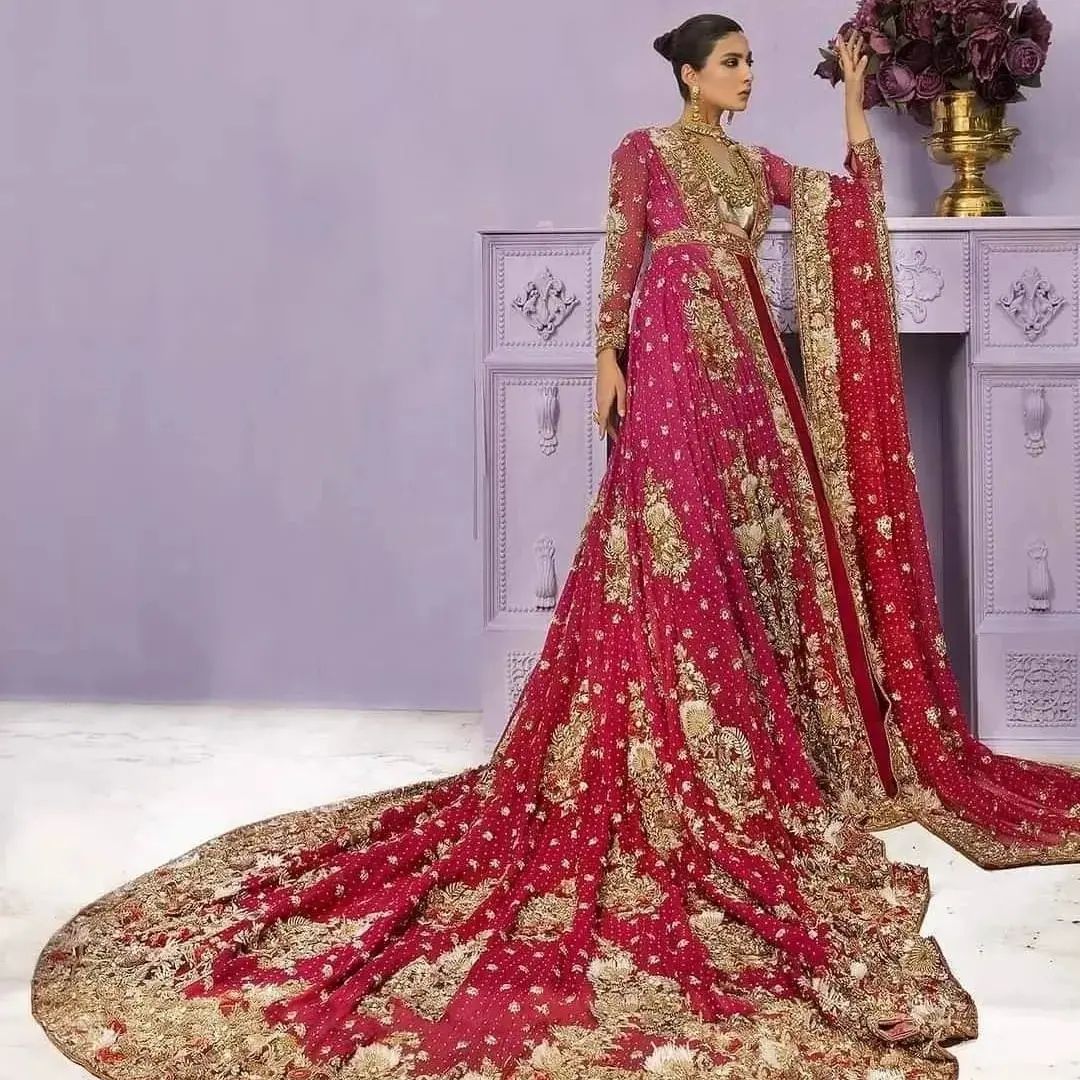 Classy Red and Pink Designer Pakistani Wedding split Long Trail Anarkali with lehenga and Embroidery Bespoke - DN-1168