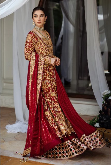 Maroon and gold Pakistani bridal Anarkali with Luxury Dupatta - DN-1015