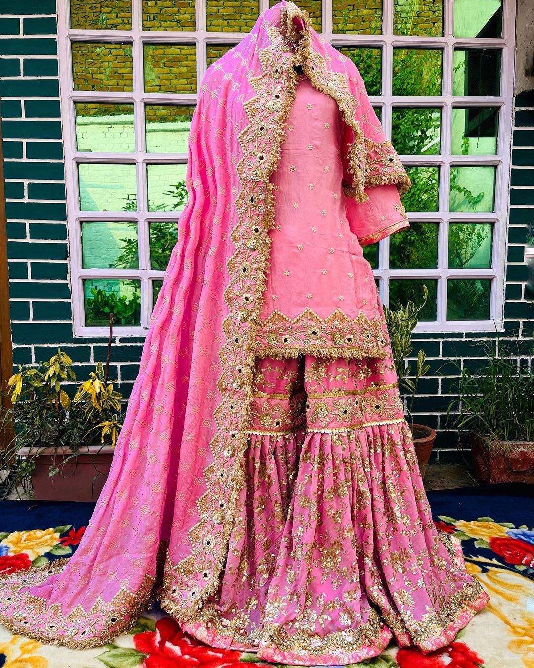 Wedding Pink Bridal Sharara with Golden Embroidery -DN-2005