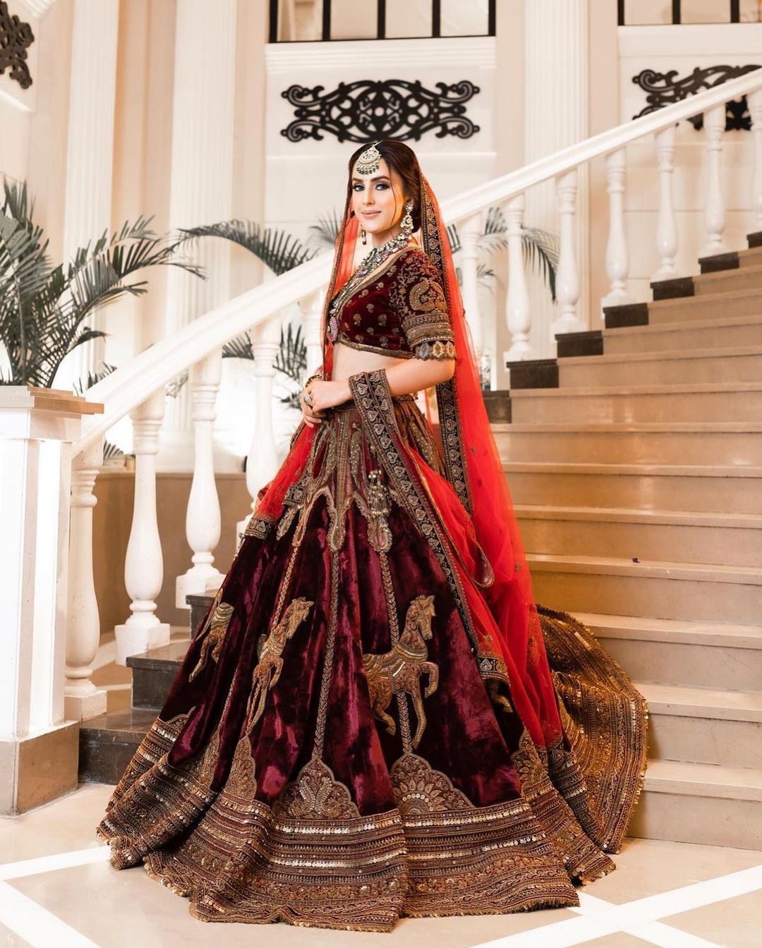 Maroon Bridal Velvet Lehenga with Crop Top and Embellishment - DN-2001