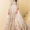 Pakistani Designer White Walima Long Trail Gown with Golden Embroidery - DN-1570