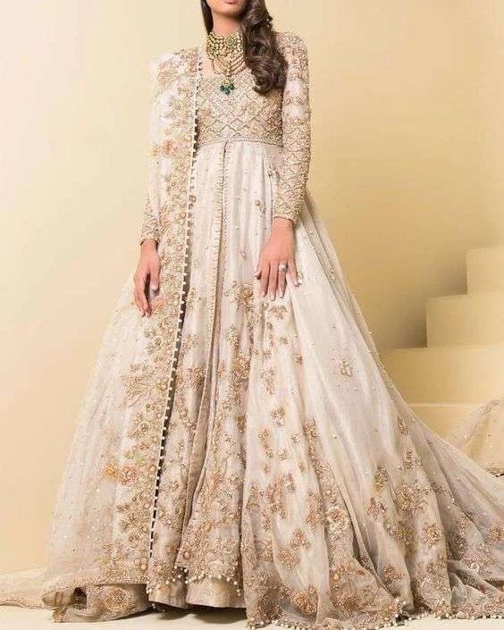 Pakistani Designer White Walima Long Trail Gown with Golden Embroidery - DN-1570