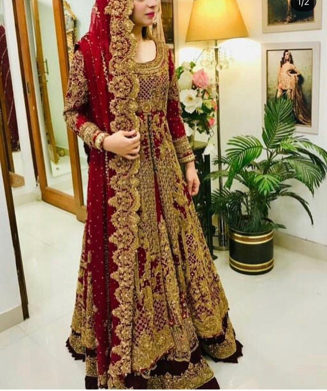Wedding Red Anarkali Lehenga with Golden Embroidery Handwork - DN-2000