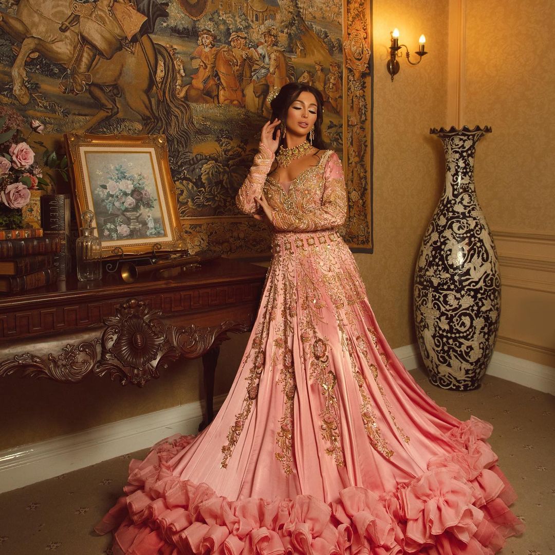 Designer Light Pink Long Gown with Golden Embroidery - DN-1965