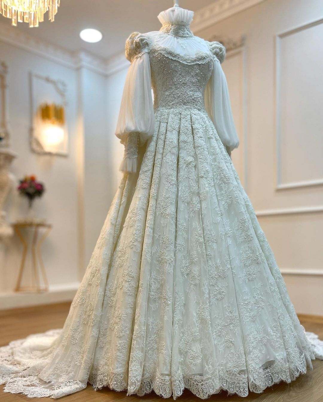 WHITE MOROCCAN STYLE  WEDDING LONG TRAIL  GOWN WITH HAND WORK - DN-1929