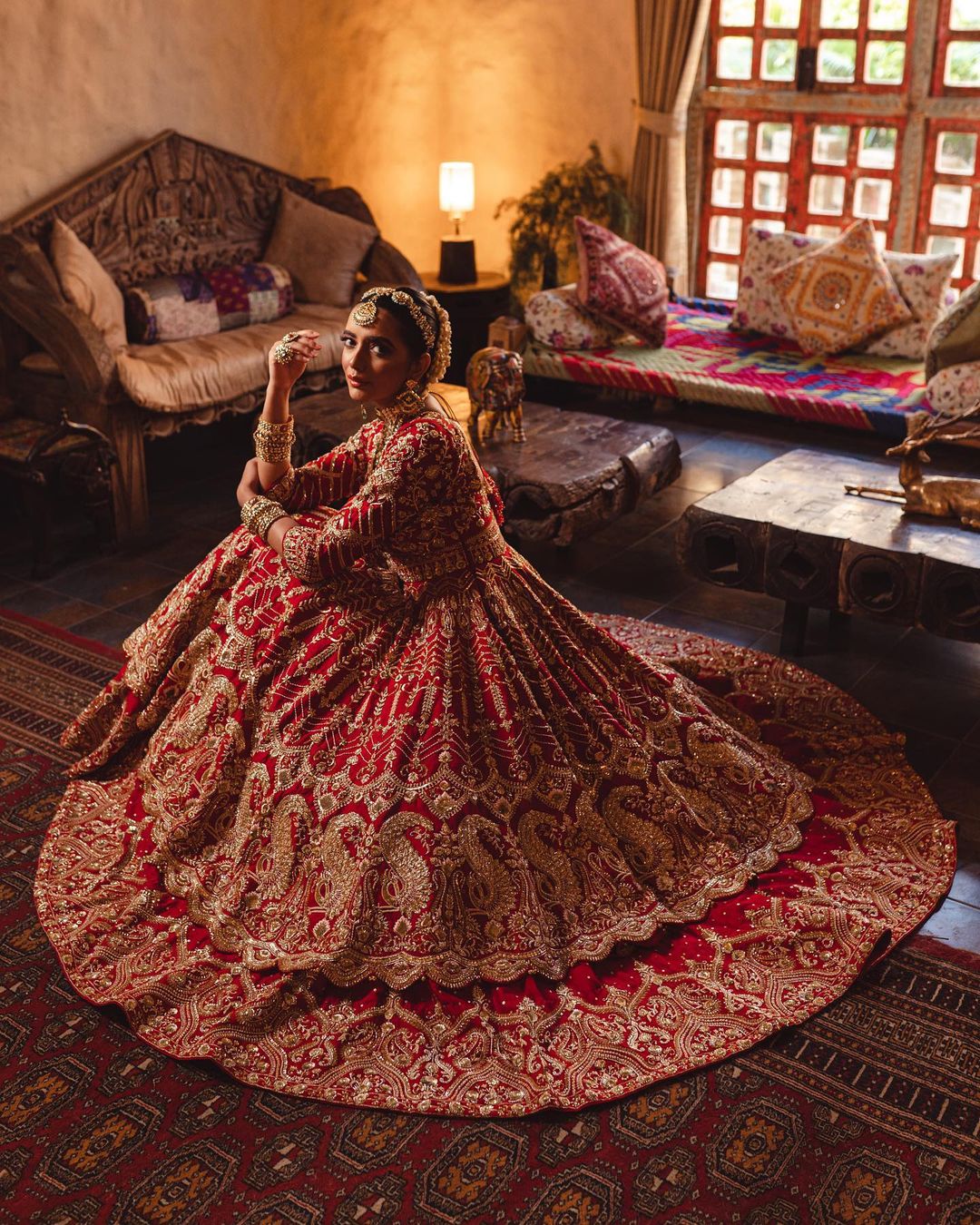 Red Pakistani Bridal Anarkali with Lehenga with Golden Embroidery - DN-1537