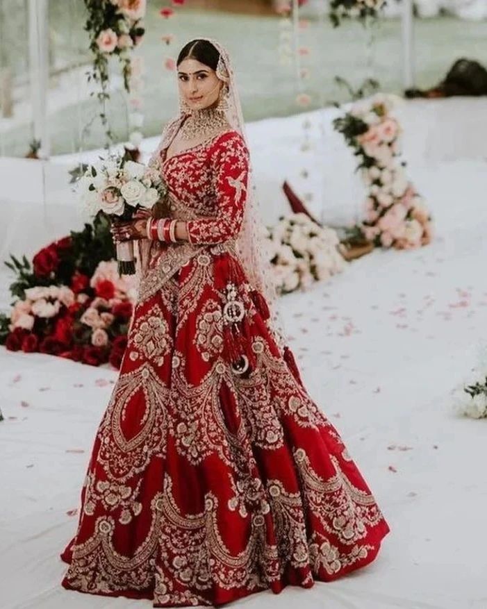Indian Bridal Red Lehenga Choli with Golden Embroidery - DN-1658