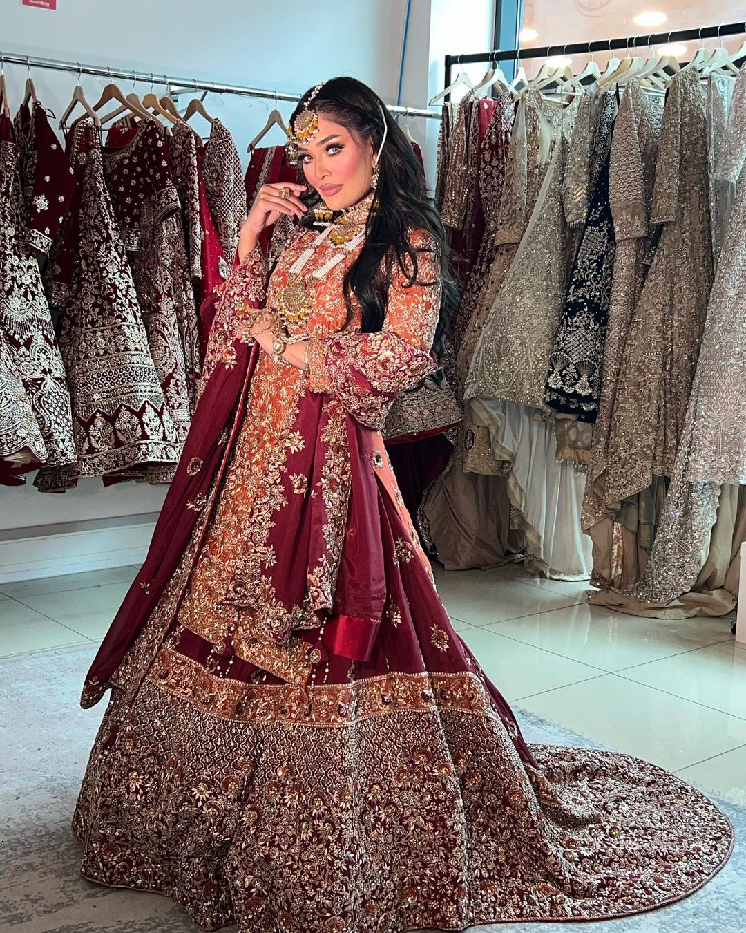 Pakistani Bridal Long Trail Lehenga with Orange Embroidered Kurti - DN-1621