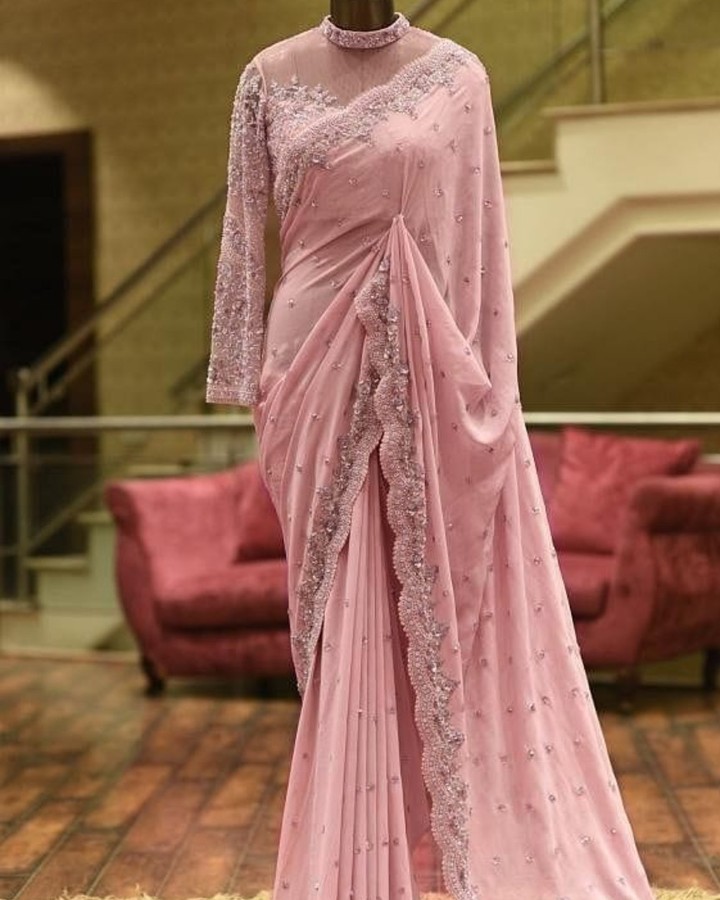 Pink Designer Partywear and Wedding Saree with Embroidery Bespoke made to order - DN-1235