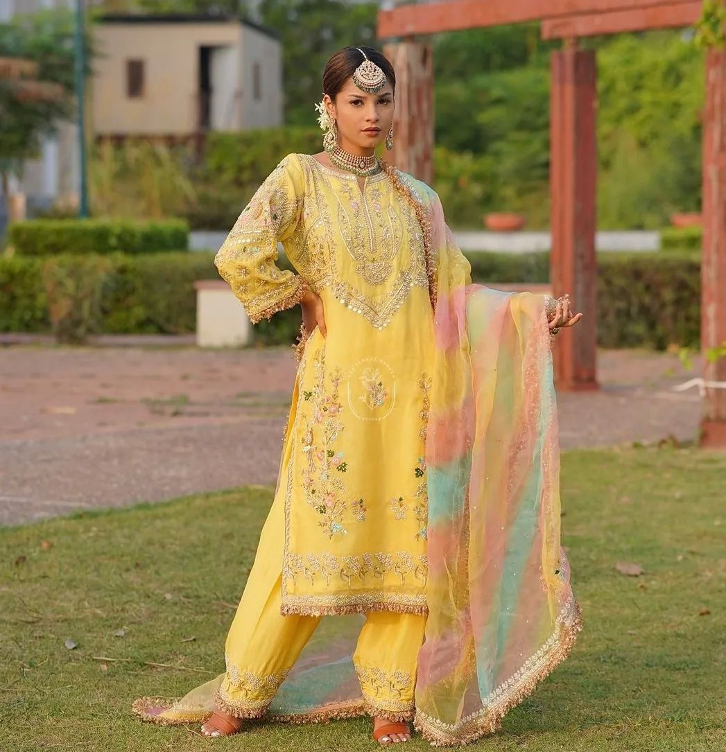 Yellow Designer Partywear Salwar Kameez with embroidery Bespoke made to order - DN-1215