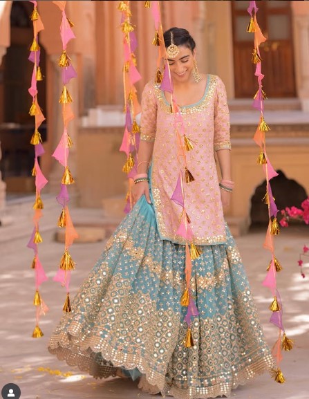Peach Dupatta And Sharara Net, Kurta Raw Silk Mirror & Floral - DN-1041