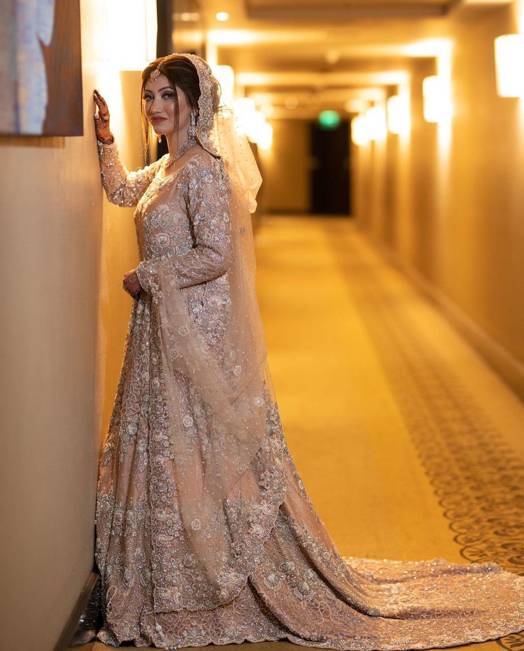 Pakistani Wedding Peach Walima Gown with Embroidered Trail - DN-1619