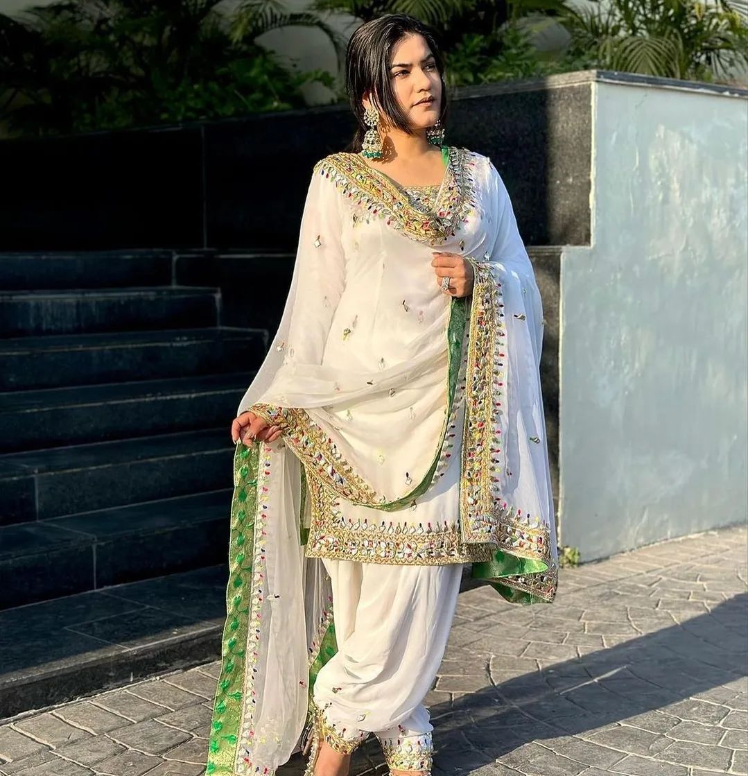 Designer White Partywear Embroidered Salwar Kameez with pearls work Bespoke - DN-1221