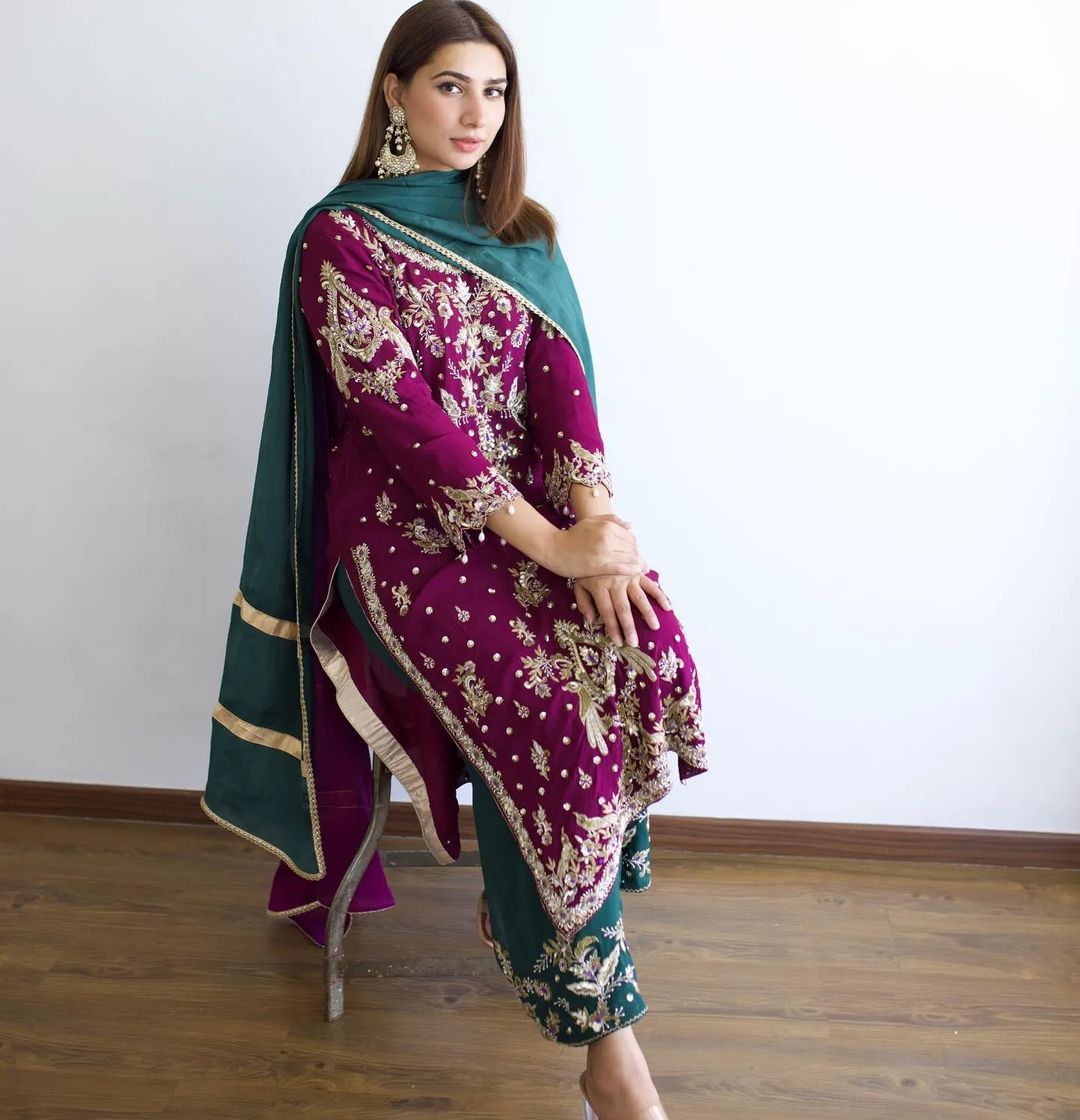 Pink Designer Partywear kurti with Green Palazzo and Embroidery Bespoke made to order - DN-1222