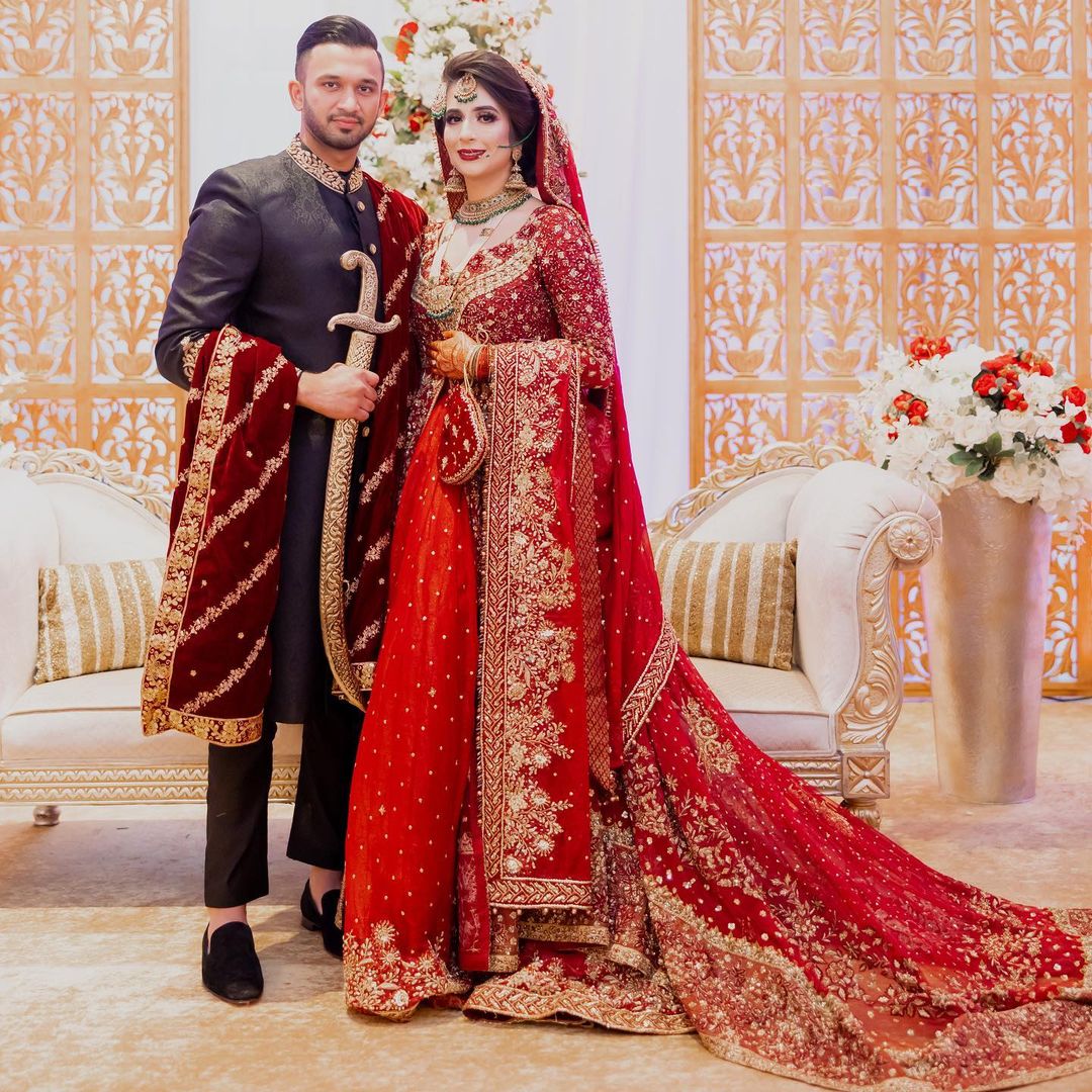 Red Pakistani Bridal Long Trail Split Anarkali with Embroidered Lehenga - DN-1620