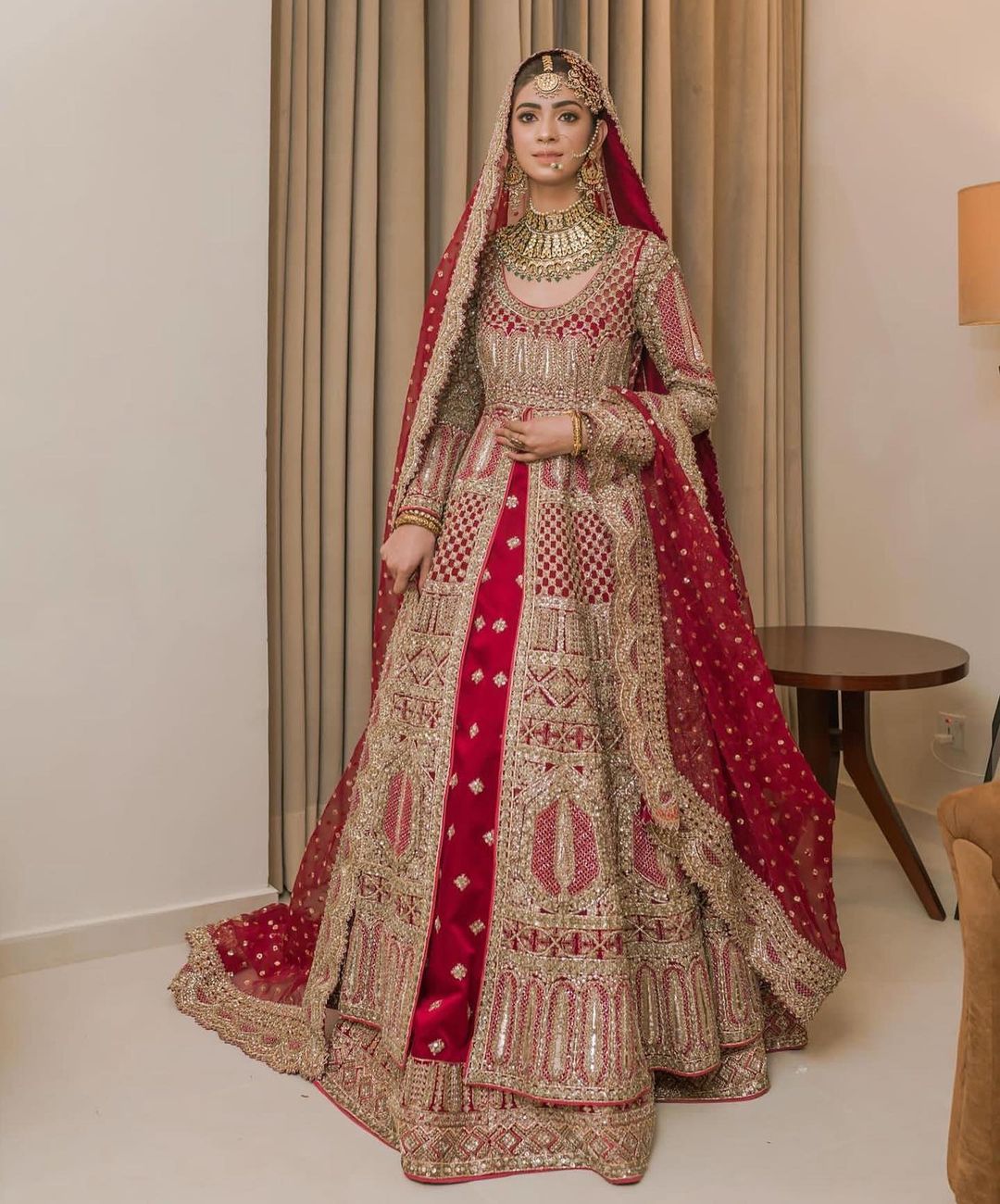 Designer Red Pakistani Bridal Lehenga with Split Anarkali and Embellishment - DN-1386