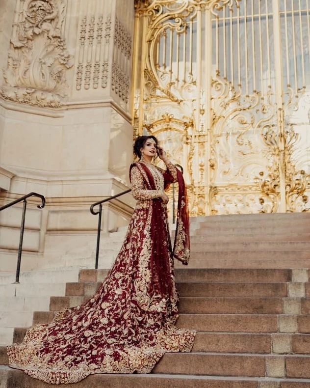 Pakistani Maroon Bridal Embroidered long Trail Anarkali with Lehenga - DN-1618