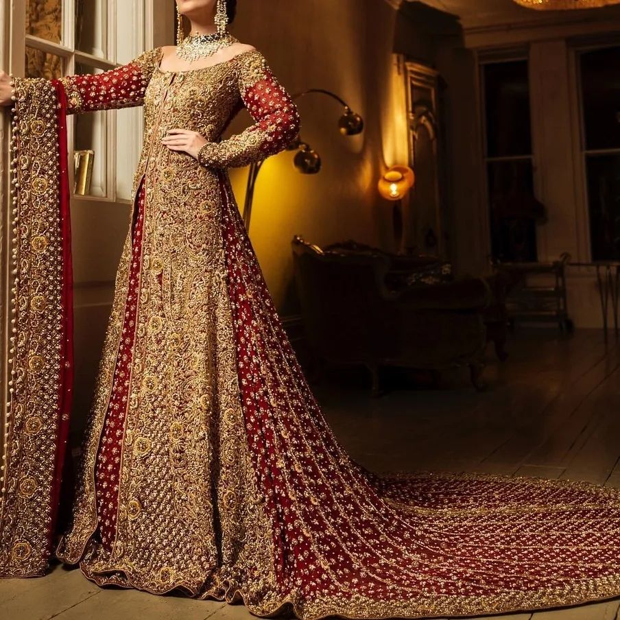 Classy Red Designer Pakistani Nikaah Long Trail Gown with Golden Embroidery - DN-1390