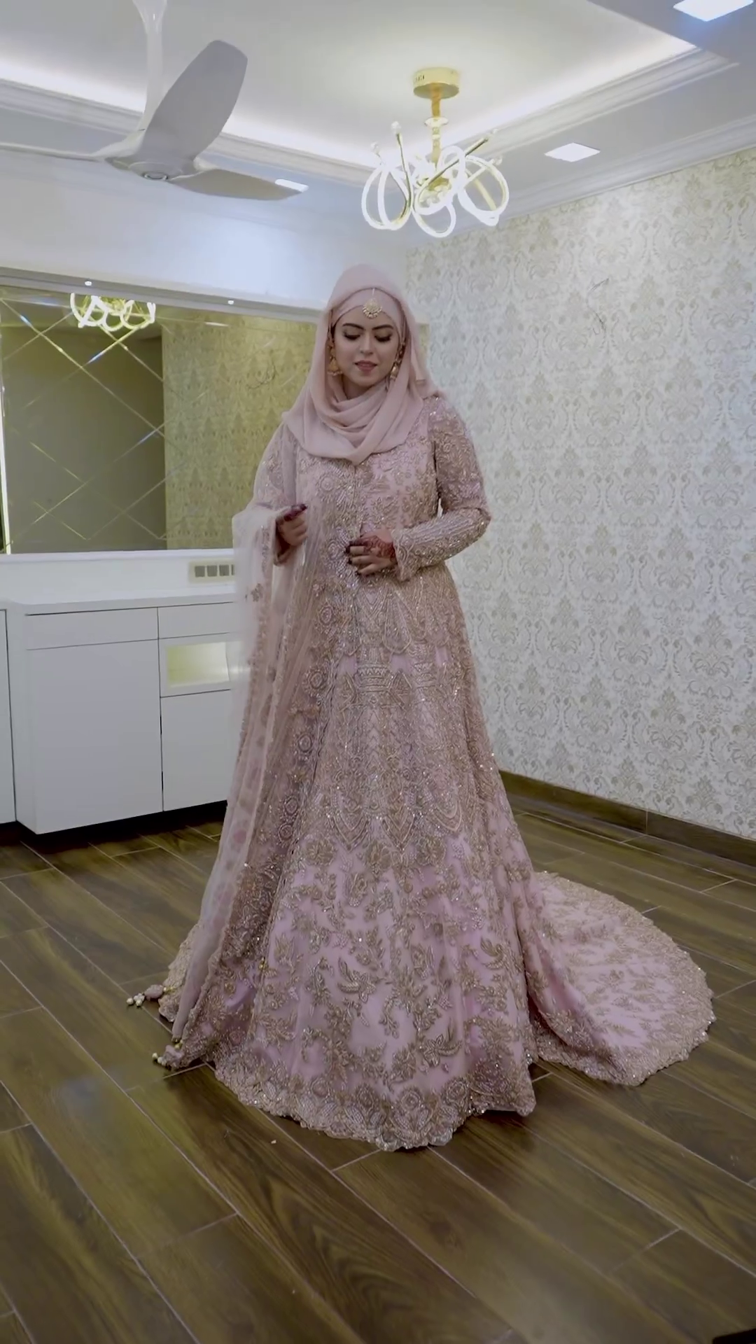 Pink Designer Pakistani Waleema Long Trail Gown with Embroidery - DN-1471