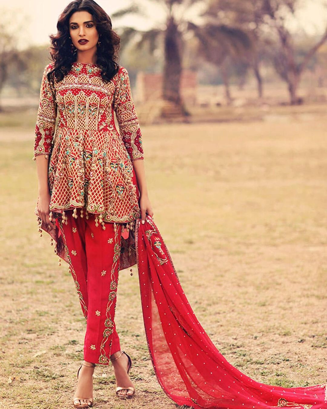 Classy Red Designer Pakistani Wedding Peplum with Pant and Embellishment - DN-1389