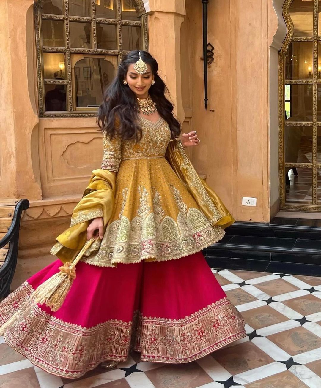 Designer Pakistani and Indian Partywear Yellow Peplum with Pink Sharara and Embellishment - DN-1391