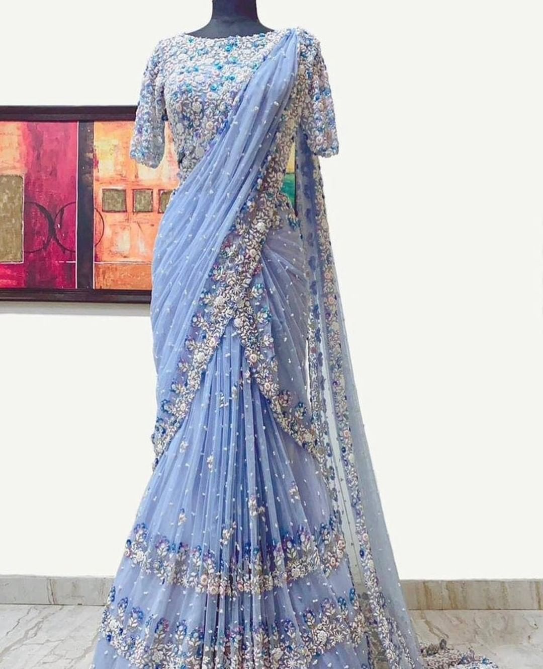 Designer Partywear Saree with embroidery Bespoke made to order - DN-1229