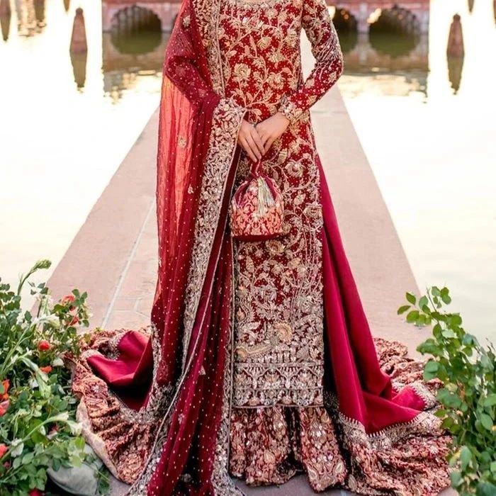 Red Designer Pakistani walima long Trail lehenga with kurti and Embellishment - DN-1392