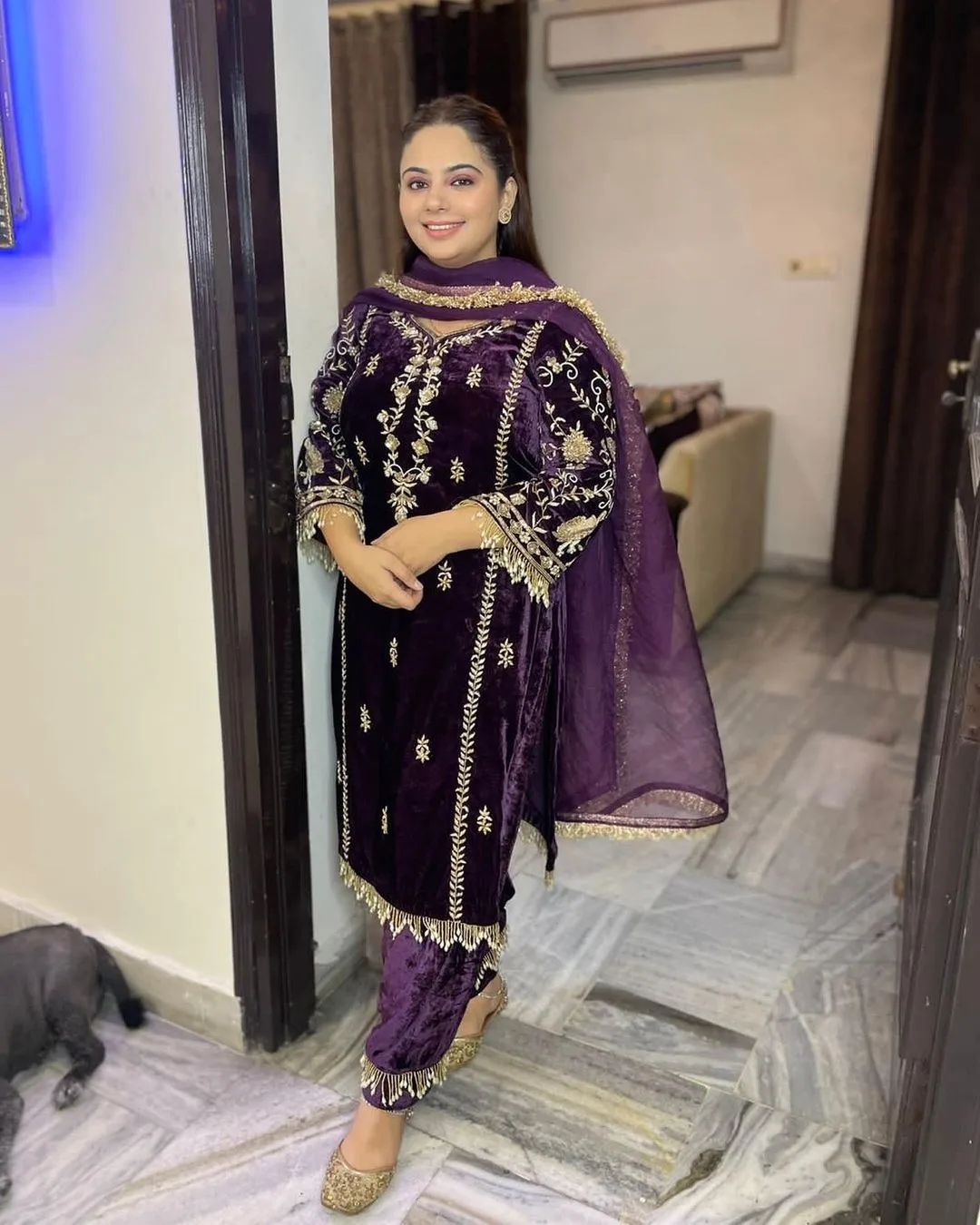 Designer Purple Velvet Partywear Salwar Kameez with Embroidery Bespoke - DN-1213