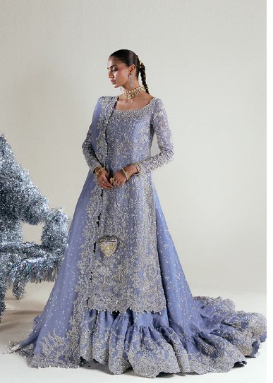 Dusty Blue Pakistani Bridal Lehenga | Hand Embroidered Zardosi Lehenga Kameez - DN-1018