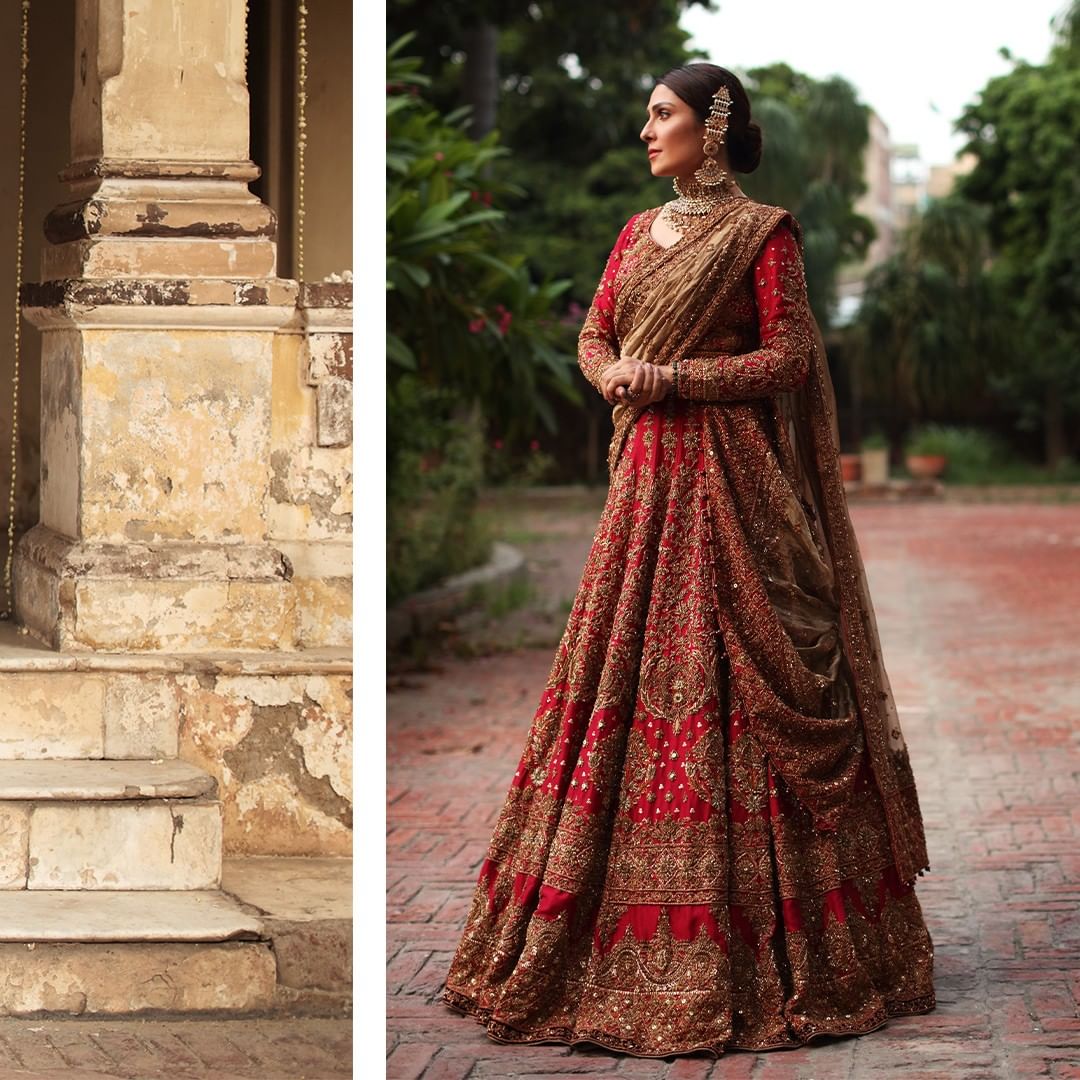 TRADITIONAL RED WEDDING LEHENGA WITH GOLDEN EMBROIDERED BLOUSE - DN-1899