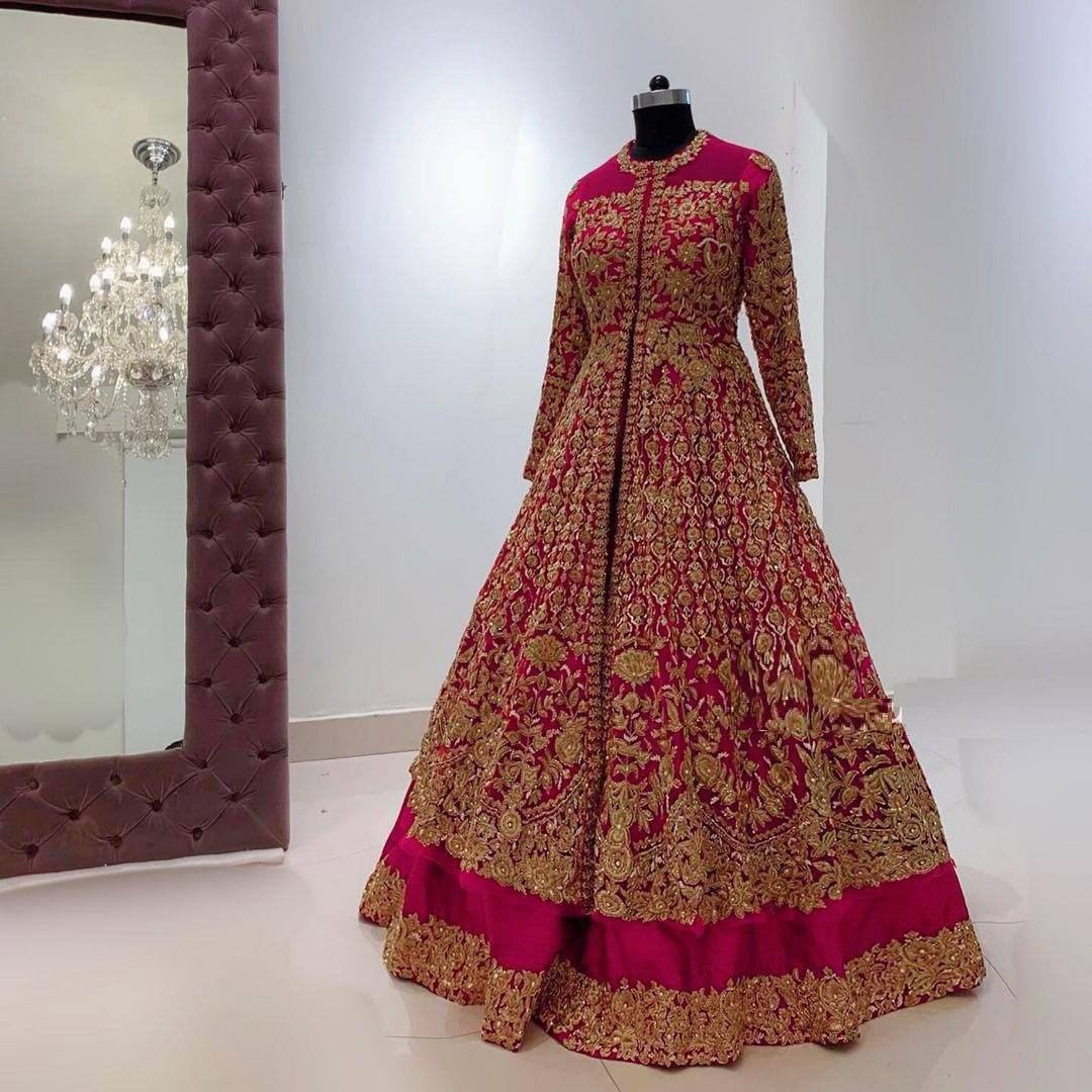 Classy Designer Indian and Pakistani Reception long Split Jacket with lehenga and embroidery Bespoke - DN-1232