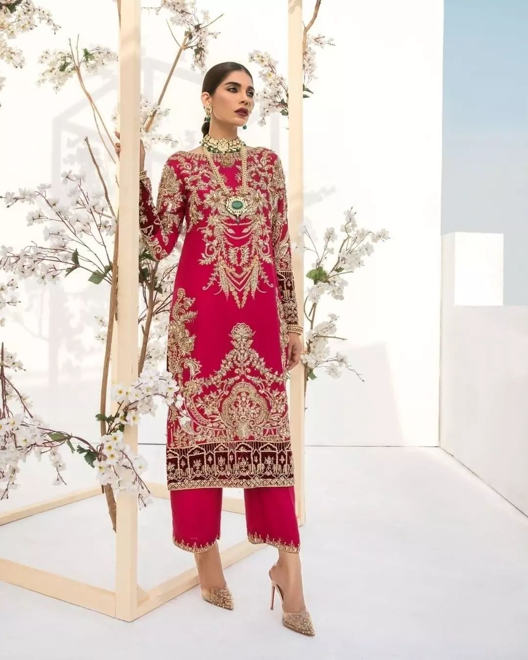Pink Designer Partywear long kurti with Pant Palazzo and Embellishment - DN-1385