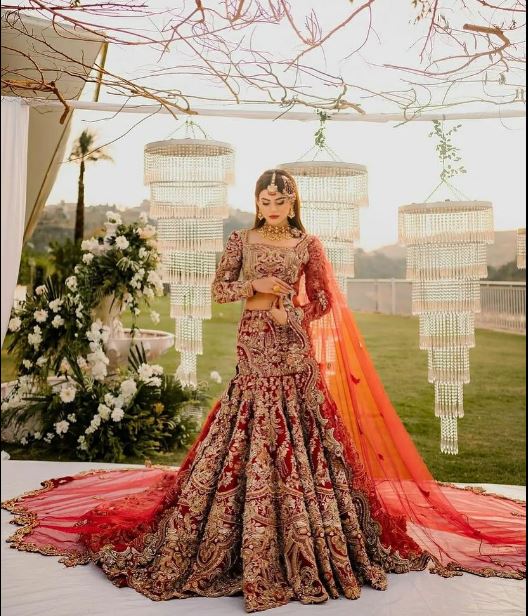 Red Bridal Pakistani Indian Fish Cut Long Party wear Wedding Handwork maxi Gown - DN-1064