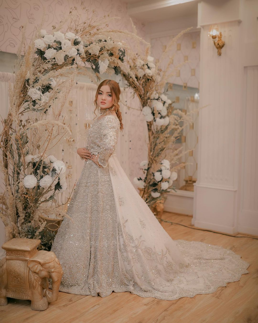 Traditional White Wedding Gown With Silver Embroidery - DN-1657