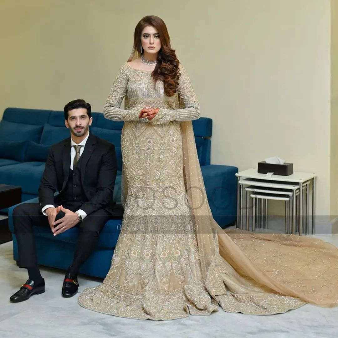 Classy Designer Reception long Trail and Veil Gown with Embroidery and Pearls work Bespoke - DN-1161