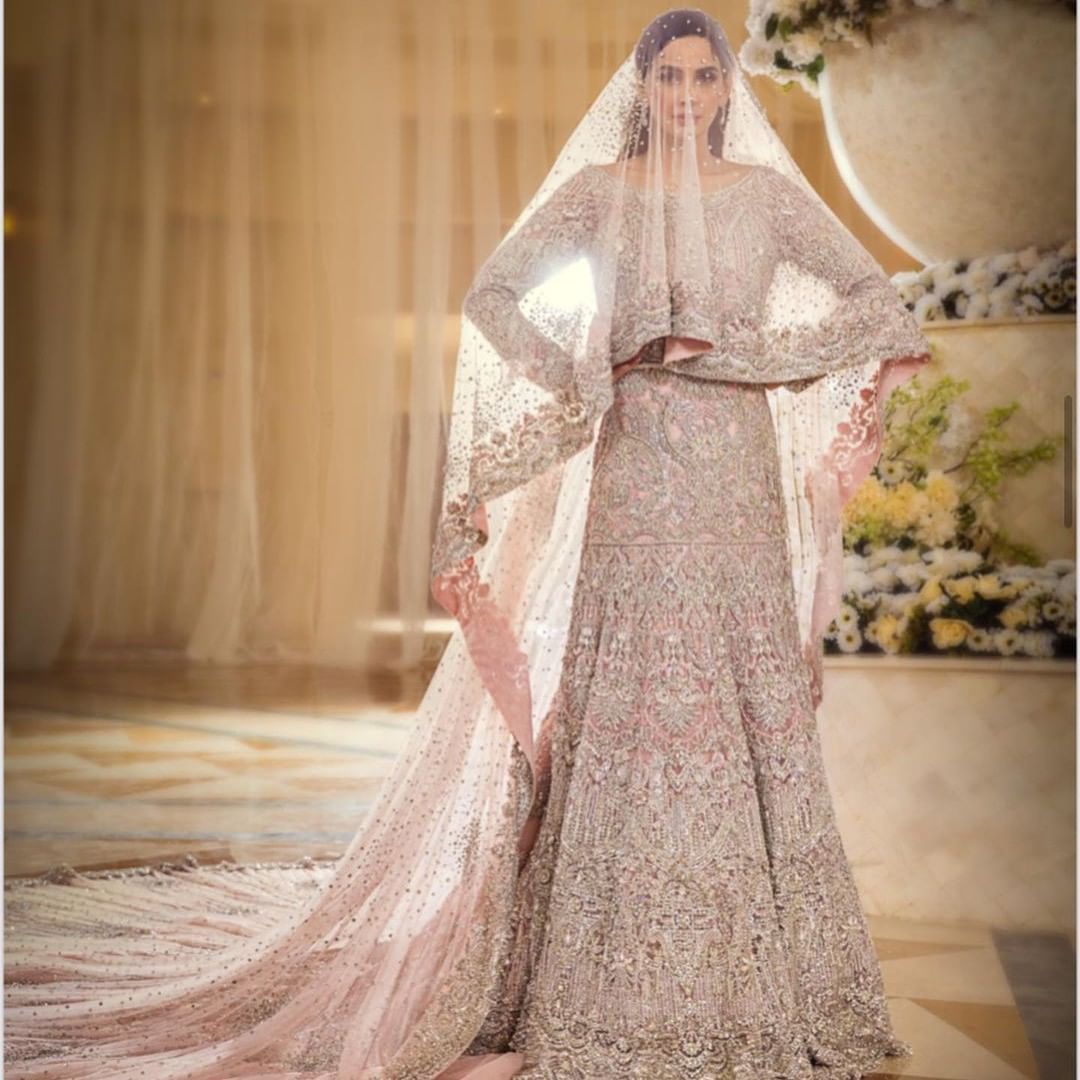 Pink Classy Pakistani Walima and Nikaah long Trail Gown with Frill and Embroidery Bespoke - DN-1163
