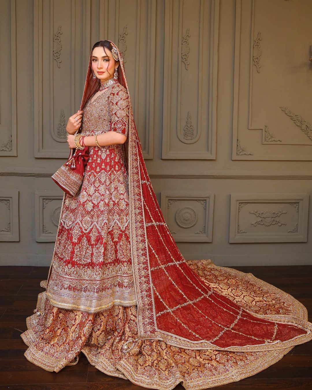 Paksitani Wedding Red Long Trail Lehenga with Embroidered Long Anarkali - DN-1655
