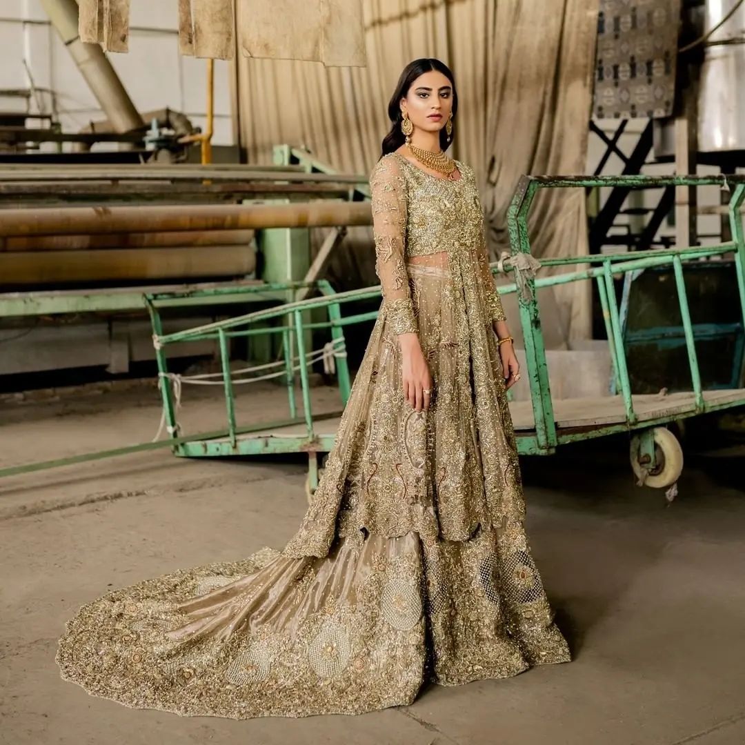 Designer Pakistani Golden Embroidered Bridal Lehenga with Split Long Anarkali - DN-1577