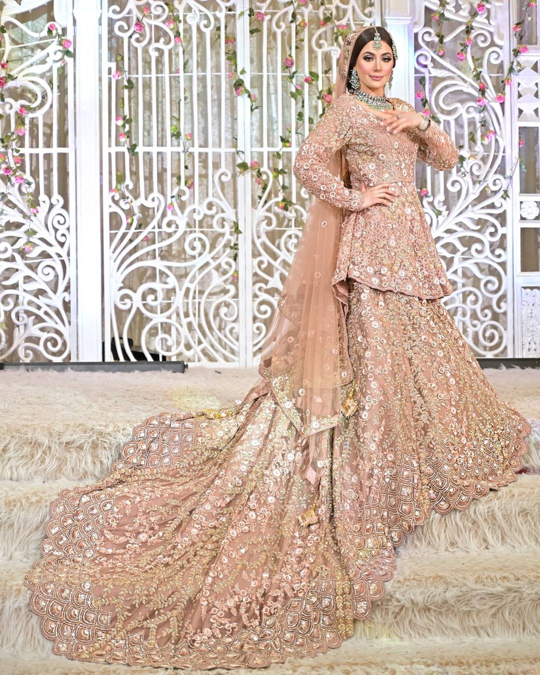 Pakistani Designer Peach Wedding Long Trail Lehenga with Embroidered Peplum - DN-1602