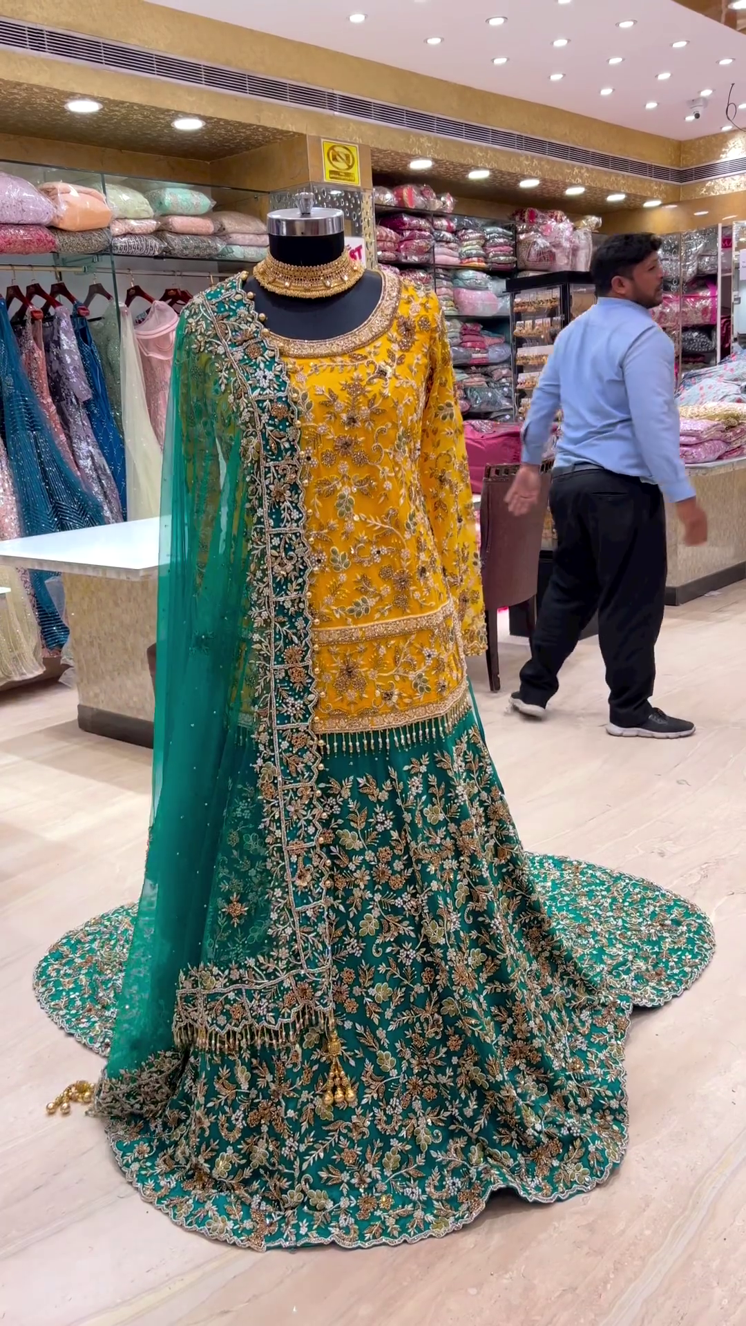 Designer Wedding Green Long Trail Lehenga with Yellow short Kurti and Embellishment - DN-1426