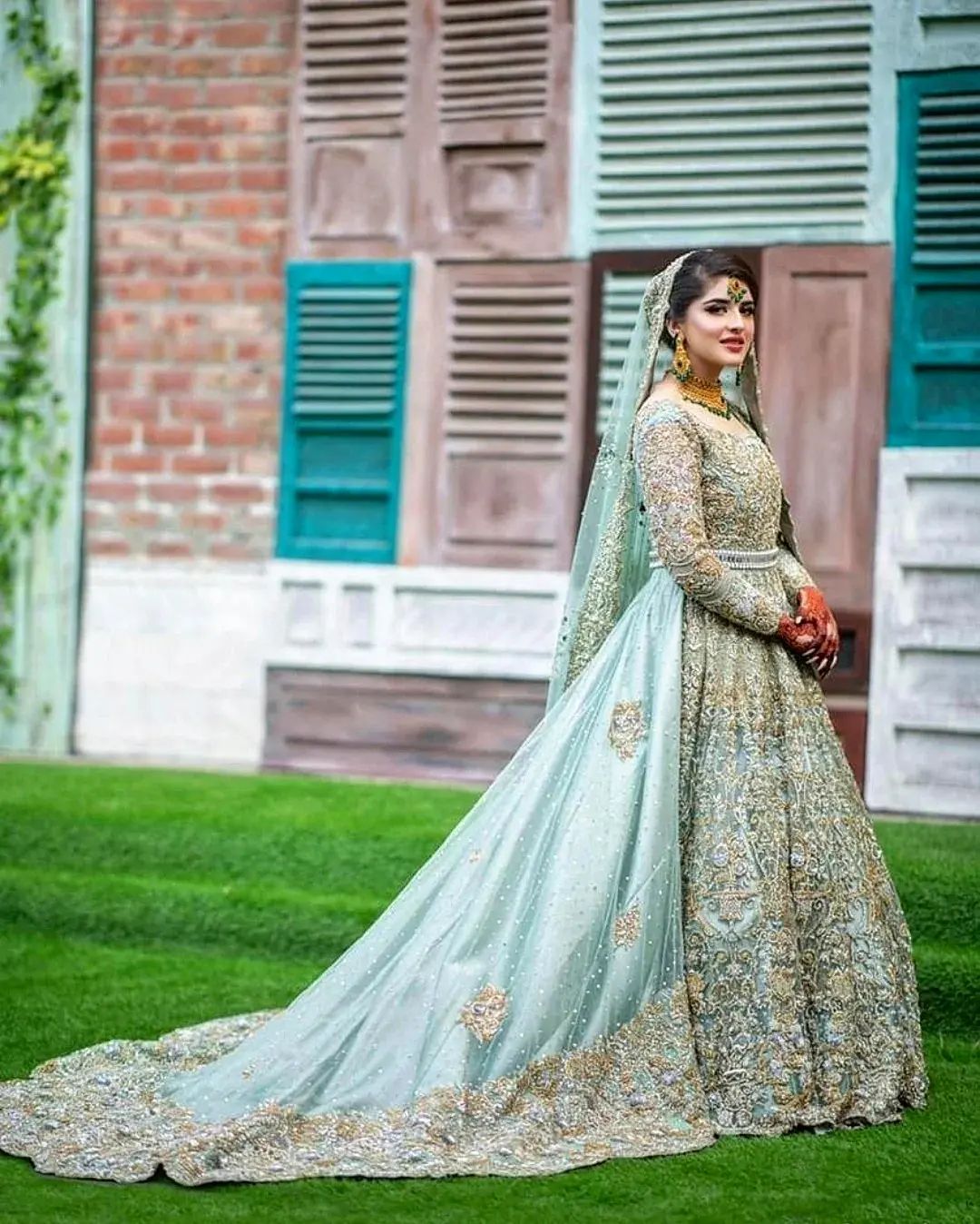 Pakistani Light Mint wedding Long Trail Gown with Golden Embroidery - DN-1653