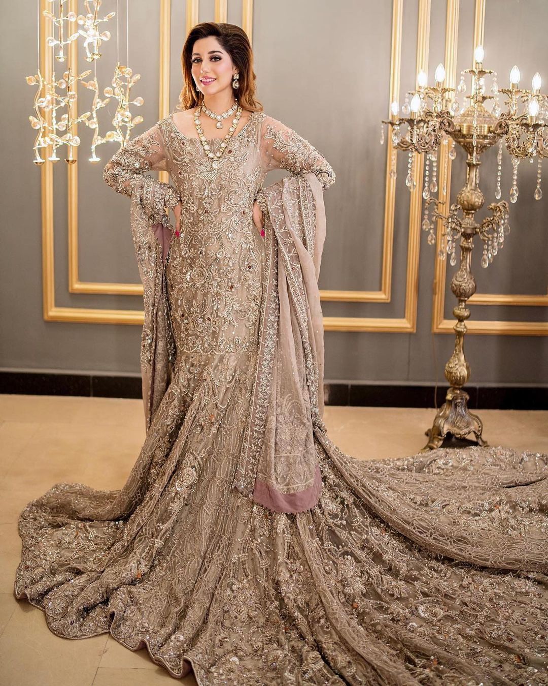 Wedding Long Stunning Walima Bridal Gown With Golden Embroidery- DN-1980