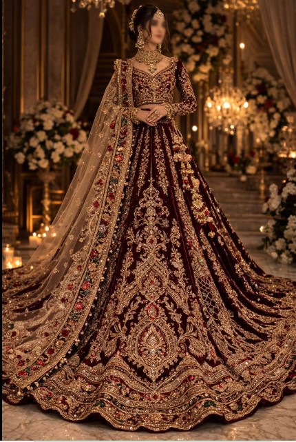 Luxury Maroon Bridal Lehenga Choli Heavy Zardosi Embroidered Wedding Lehenga - DN-1001