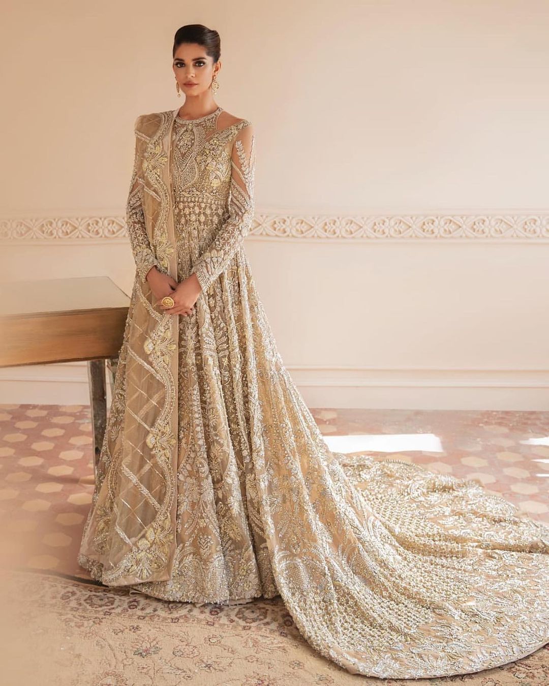 IVORY WEDDING LONG TRAIL GOWN WITH GOLDEN EMBROIDERY - DN-1977