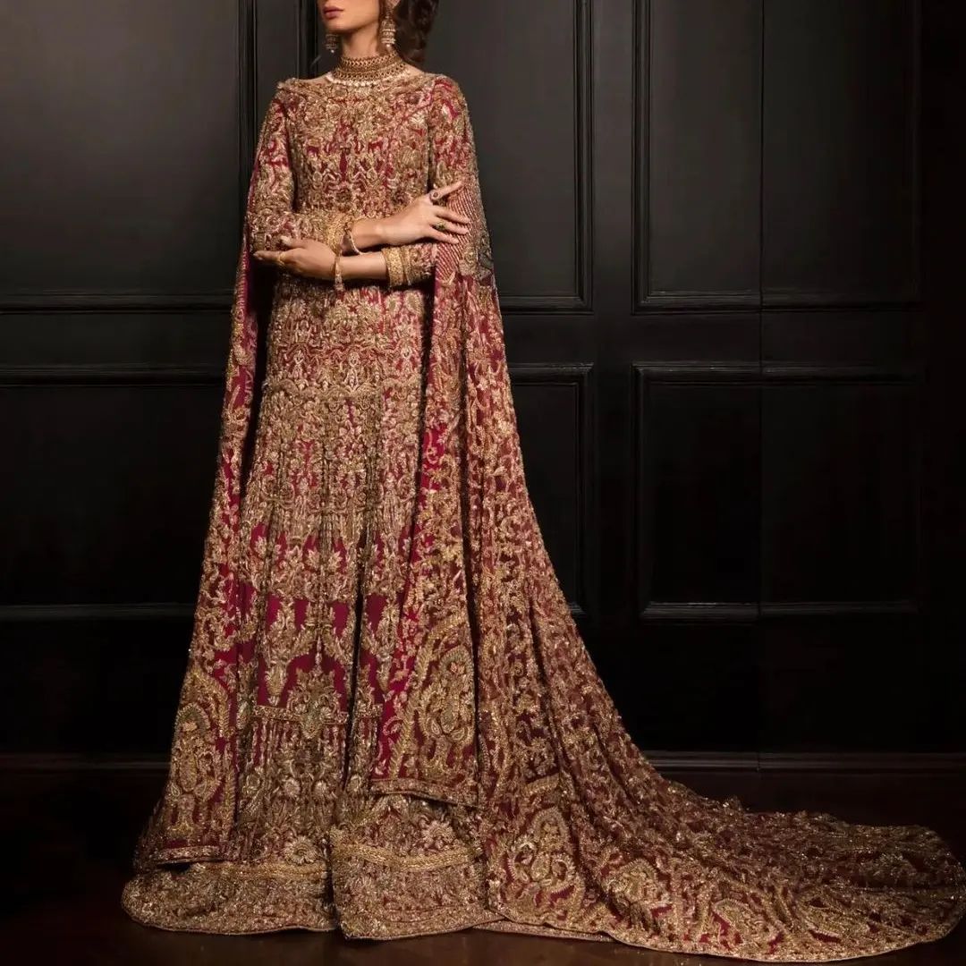 Red Traditional Pakistani Bridal long Trail Anarkali with Heavy Embroidery Bespoke made to order - DN-1165