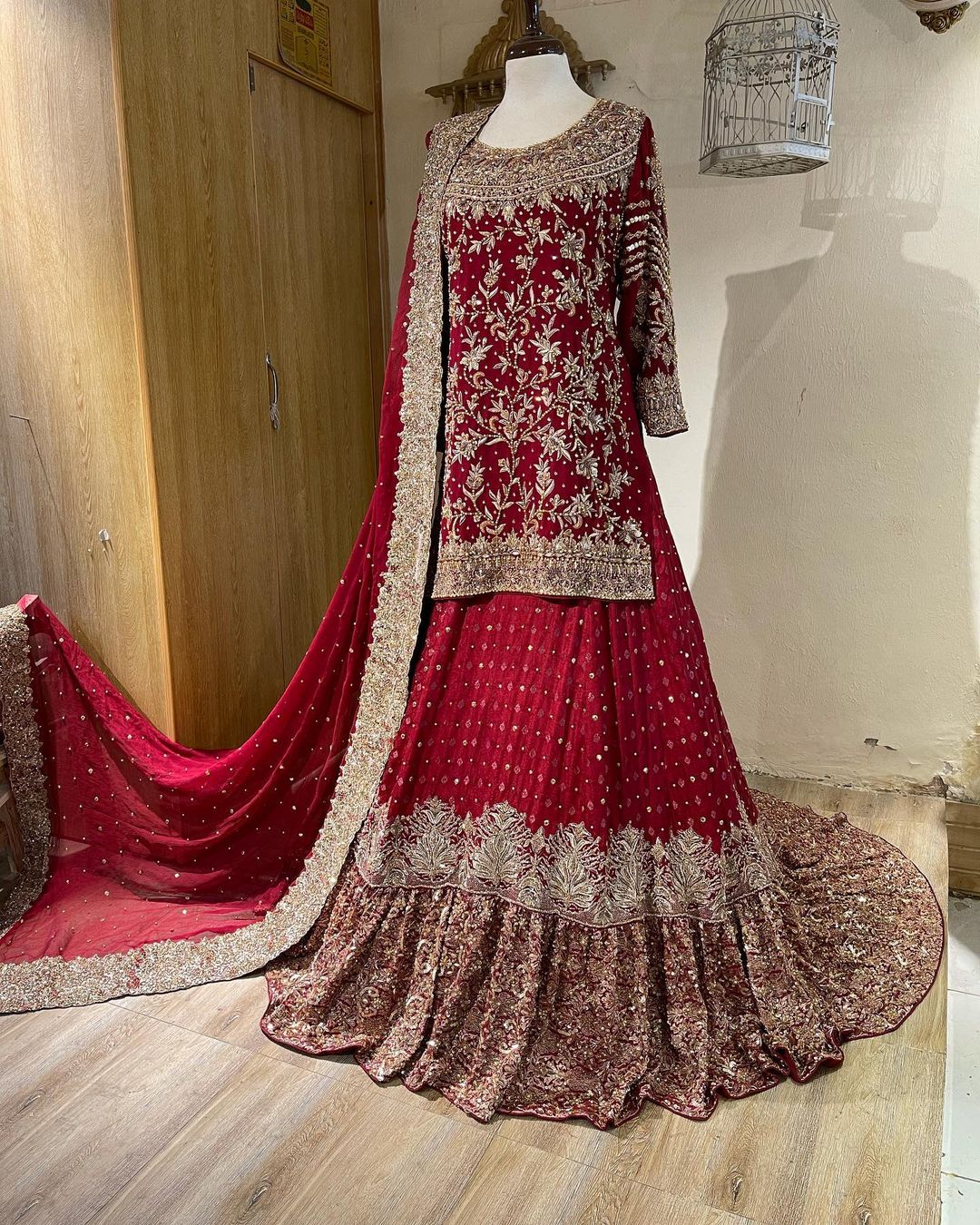 Red Peplum Bridal Lehenga with Golden Zardosi Embroidery - DN-1975
