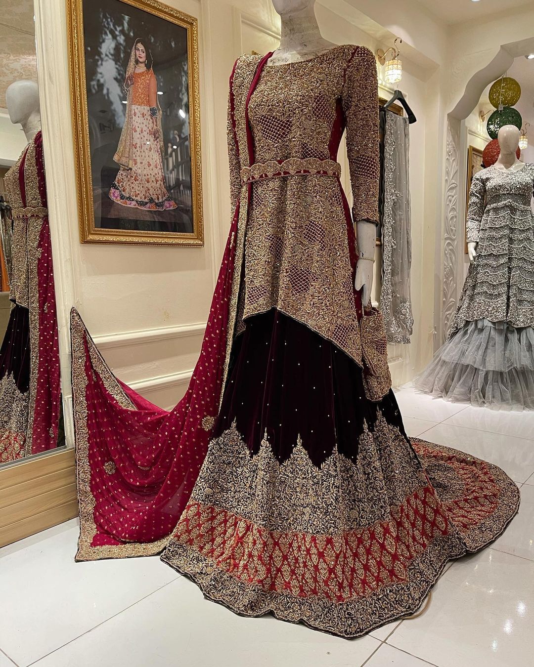 Peplum Wedding Long Trail Lehenga with Golden Embroidery - DN-1973