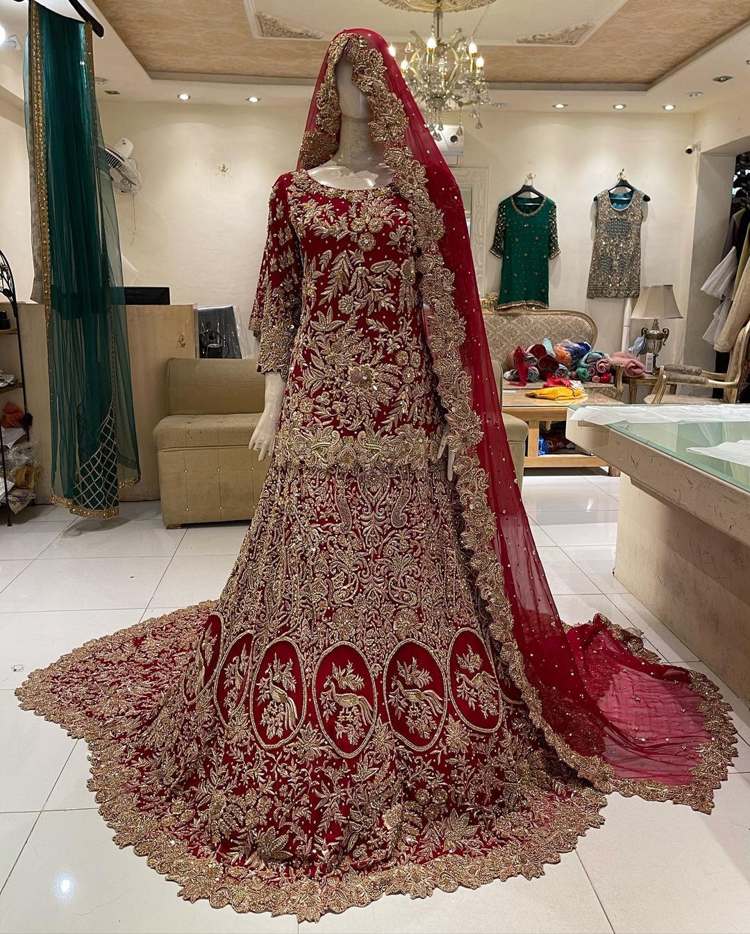 Wedding Red Short Peplum Top with Long Trail Lehenga - DN-1974